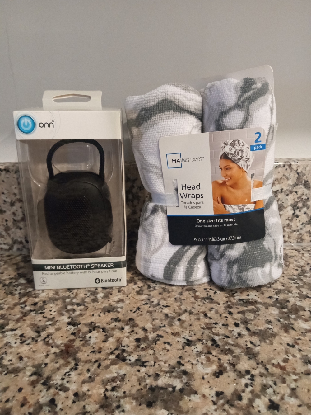 Mainstays White & Gray Head Wraps 2-Pack and Onn Mini Bluetooth Speaker